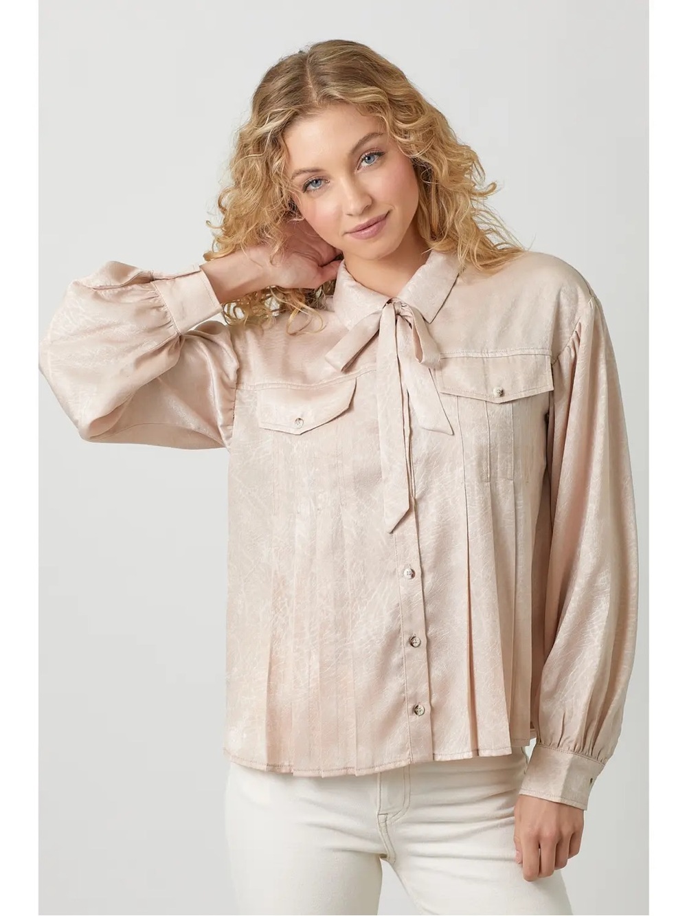 (635) Tie Neck Pleats Blouse - NWT
